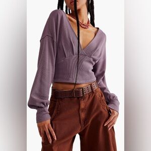 Free People All Nighter Long Sleeve Surplice Crop Top in Purple Size L